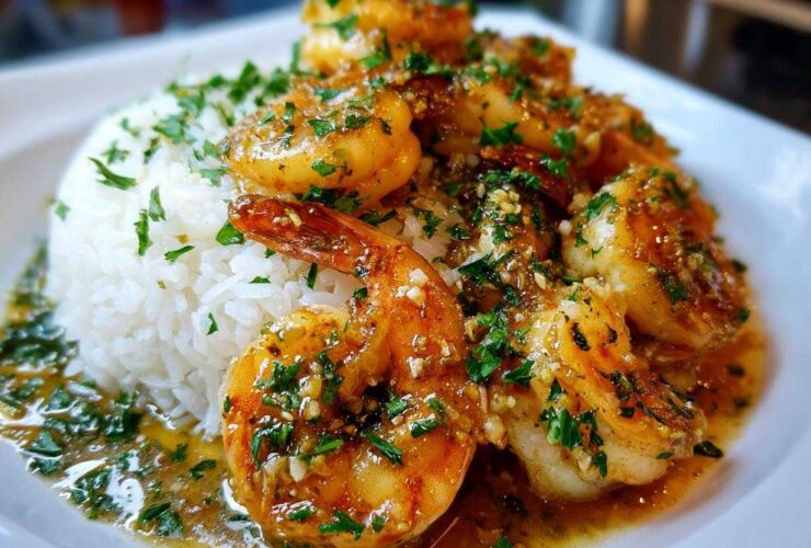Close-up of juicy Hawaiian garlic shrimp served over a mound of white rice, drenched in garlic butter sauce and parsley.