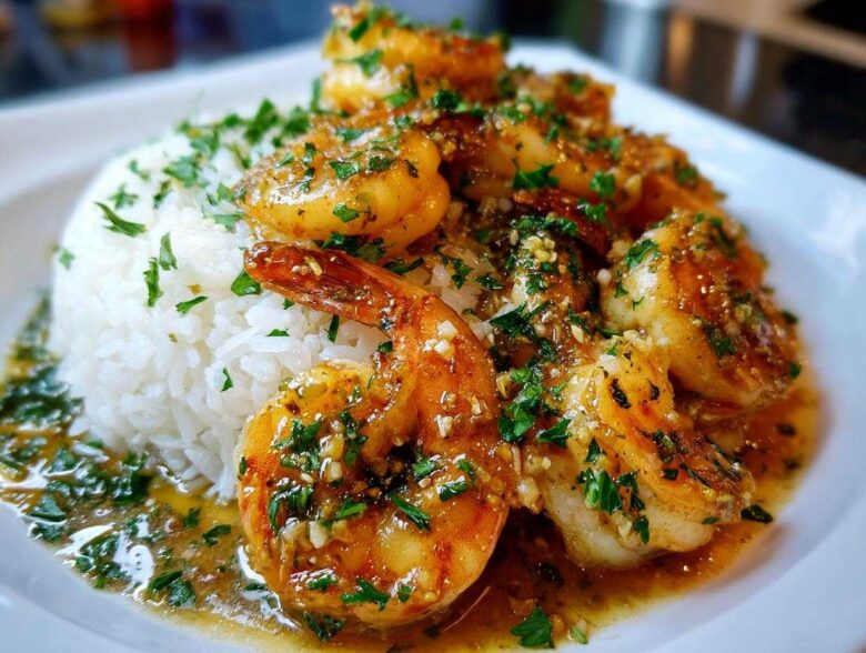 Close-up of juicy Hawaiian garlic shrimp served over a mound of white rice, drenched in garlic butter sauce and parsley.