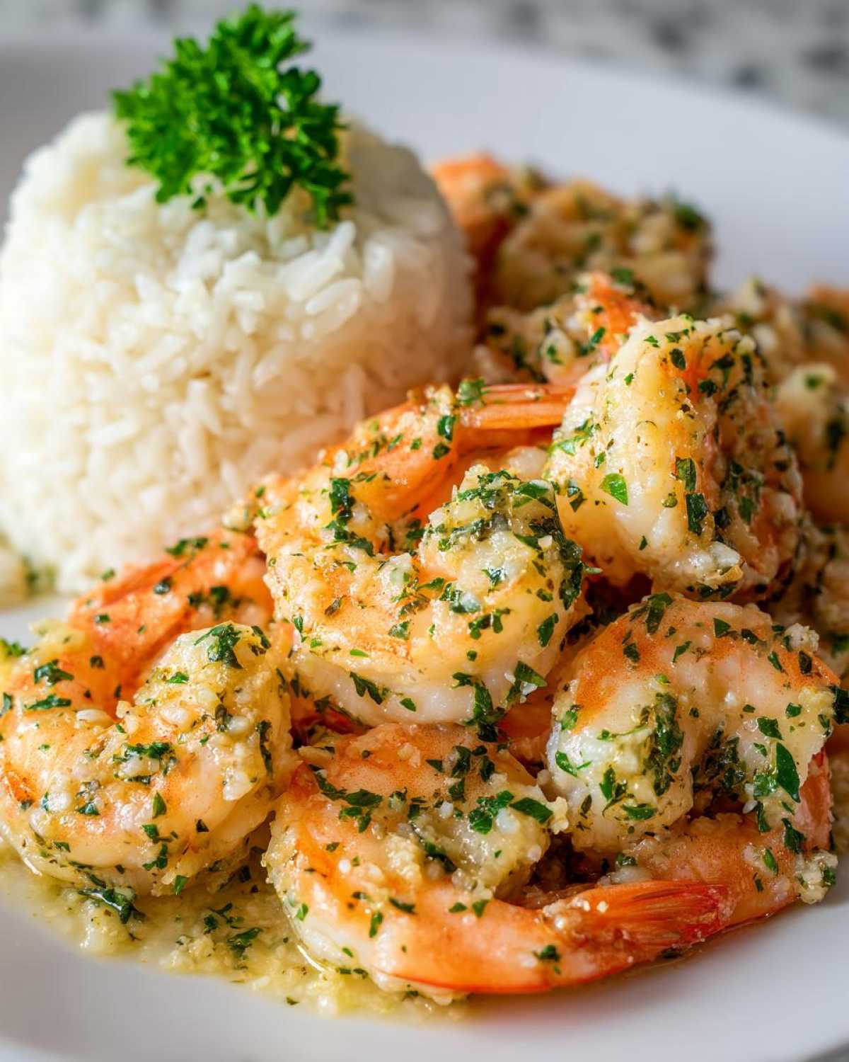 Close-up of juicy Hawaiian garlic shrimp coated in butter and herbs, served next to a mound of white rice.