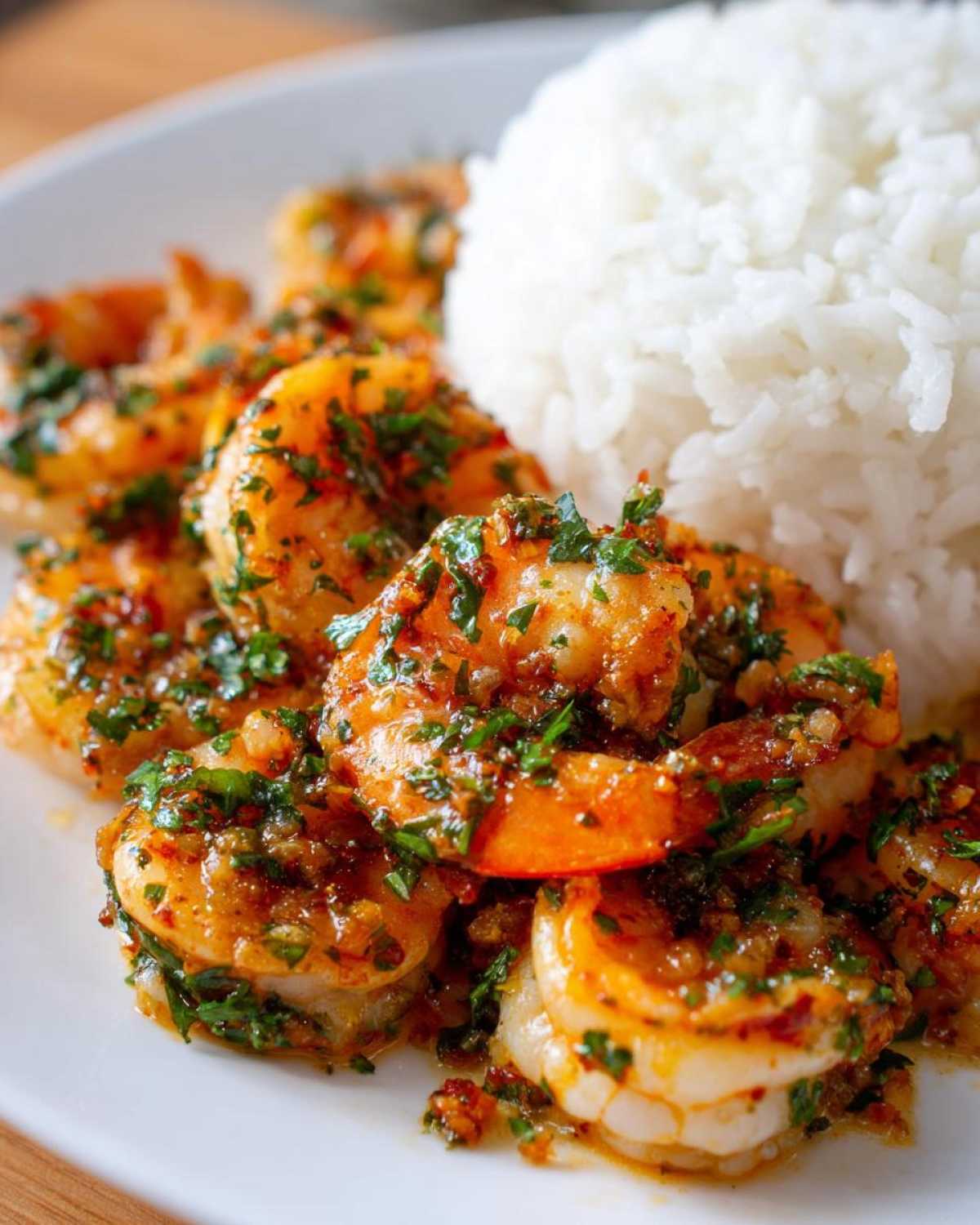 Close-up of succulent hawaiian garlic shrimp coated in a rich, buttery garlic sauce and topped with fresh parsley, served next to white rice.