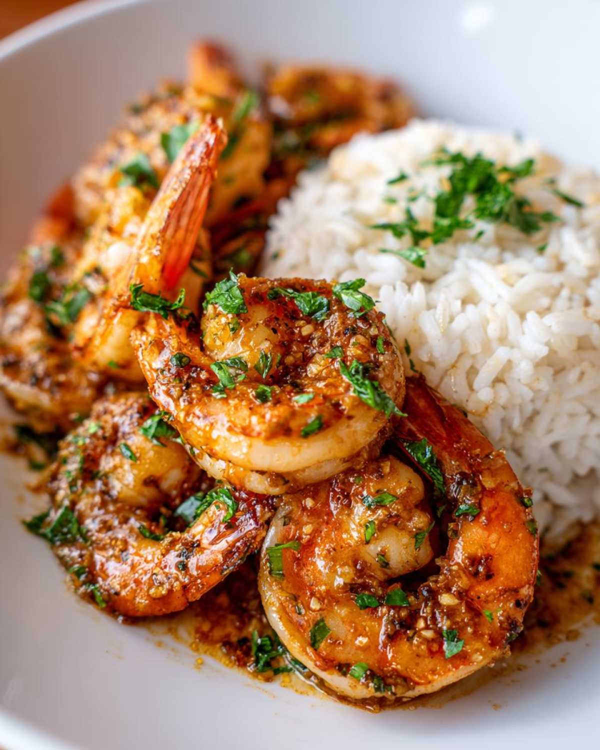 Close-up of juicy hawaiian garlic shrimp coated in a savory sauce, served next to white rice and garnished with parsley.
