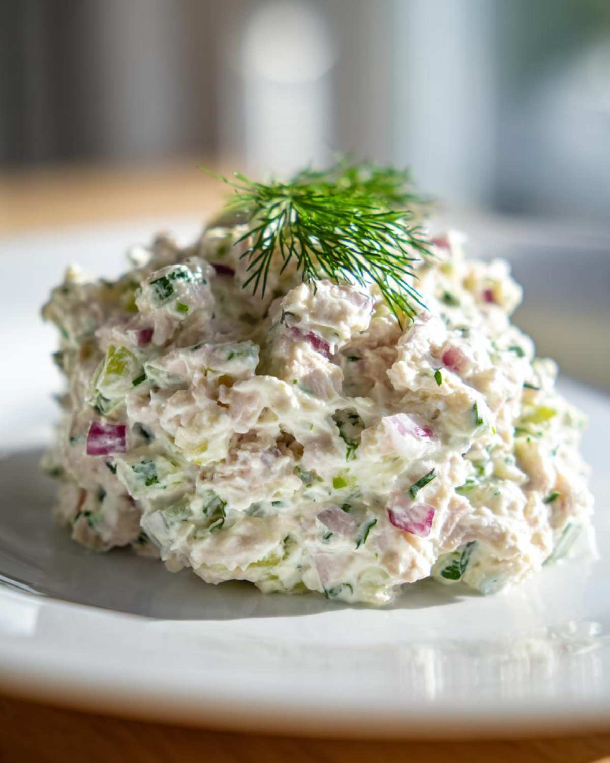 A close-up of a scoop of healthy tuna salad mixed with red onion and celery, garnished with fresh dill.