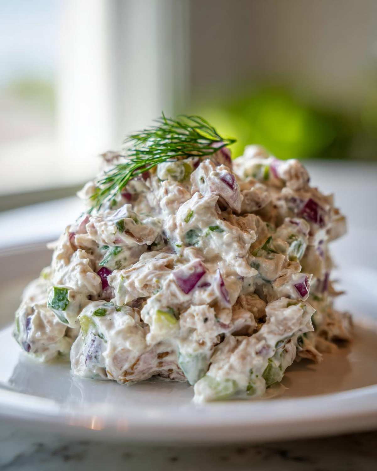 A scoop of creamy healthy tuna salad mixed with red onion and celery, topped with fresh dill.