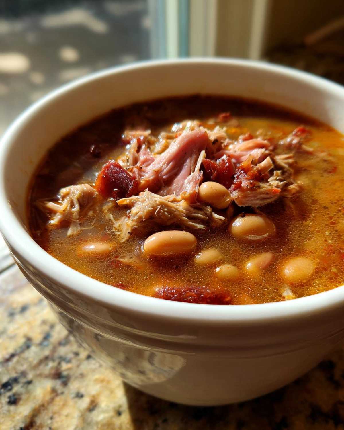 Close-up of a white bowl filled with rich, savory bean soup topped with pulled pork and white beans.