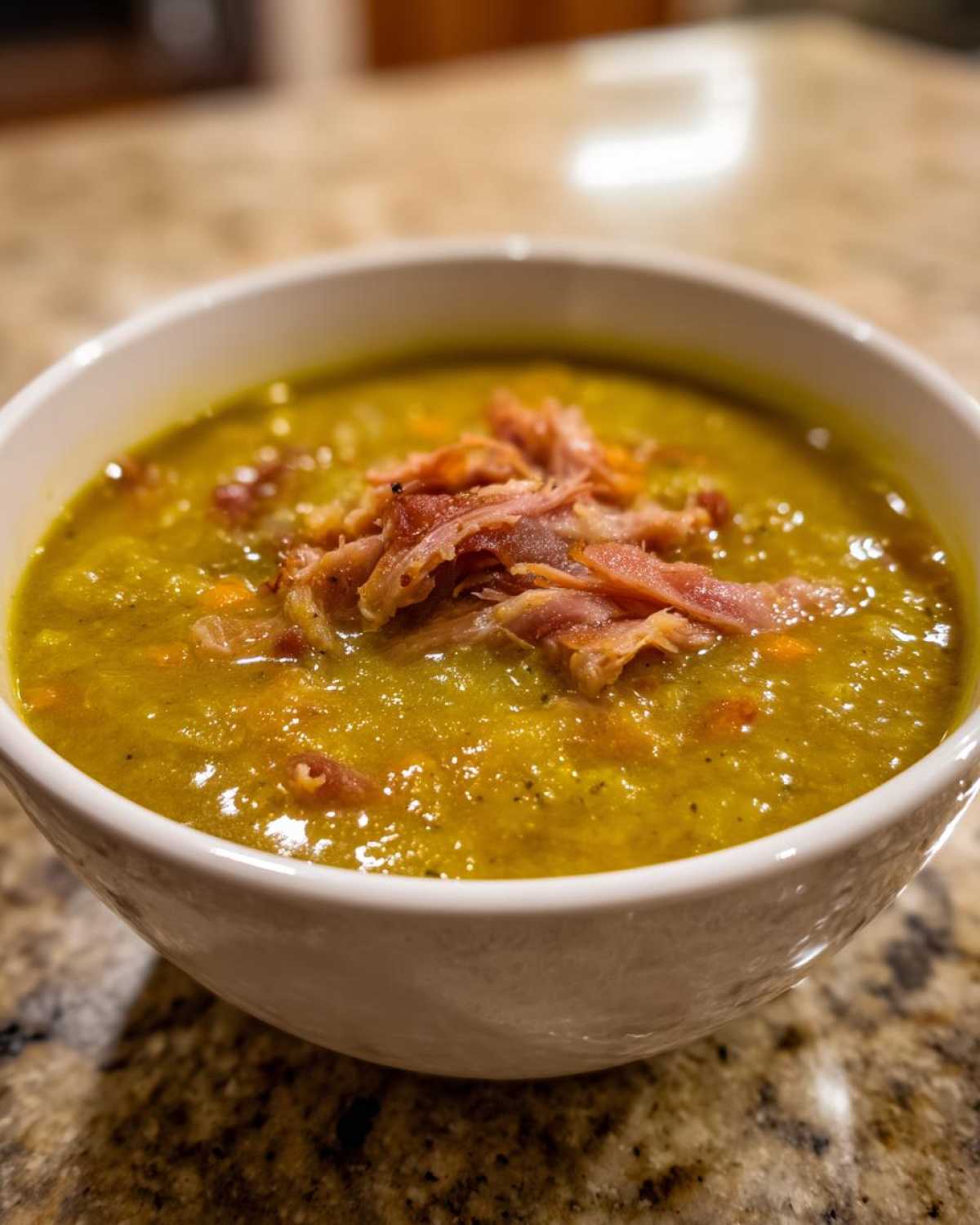 Close-up of a white bowl filled with thick, yellow-green pea soup, topped with shredded ham.