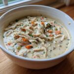 A close-up of a white bowl filled with rich, creamy homemade cream of chicken soup, featuring shredded chicken and diced vegetables.
