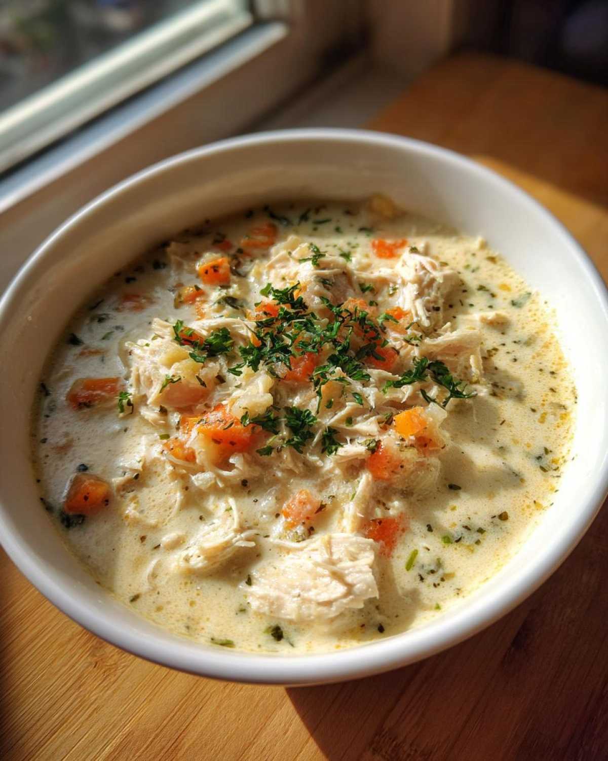 Close-up of a white bowl filled with homemade cream of chicken soup, featuring shredded chicken, diced carrots, and parsley garnish.