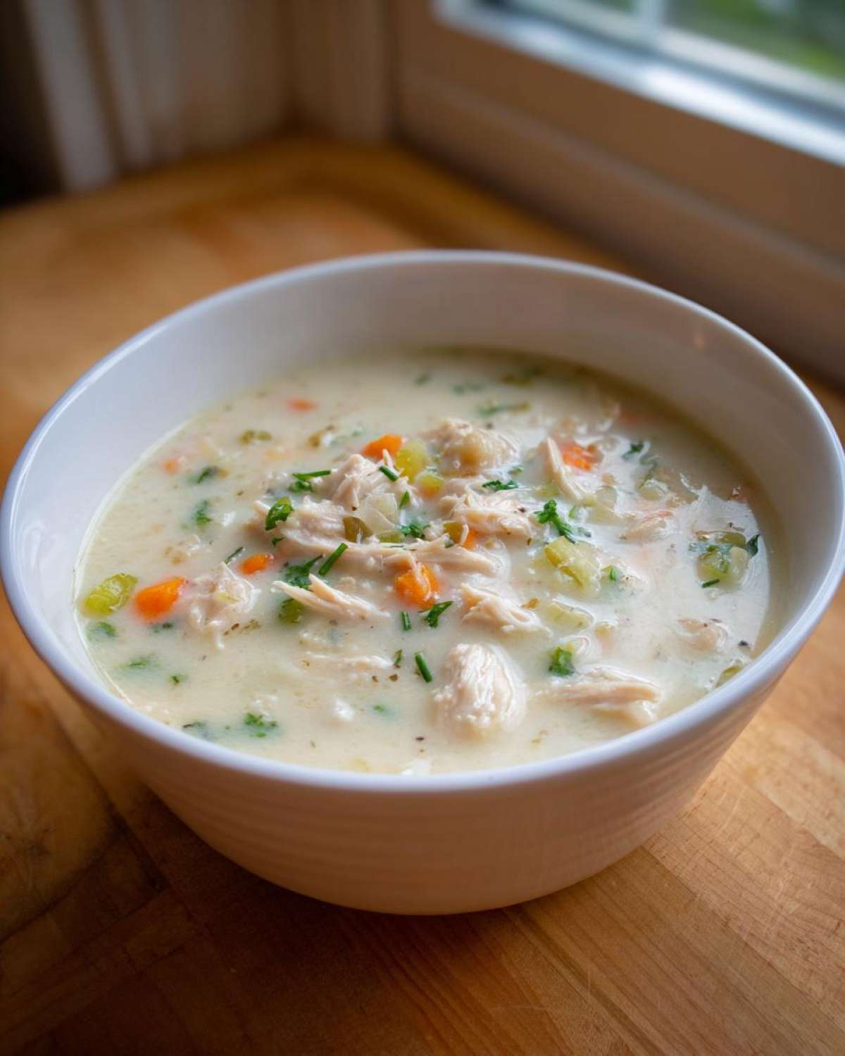 A close-up of a white bowl filled with rich, creamy cream of chicken soup, featuring shredded chicken and diced vegetables.