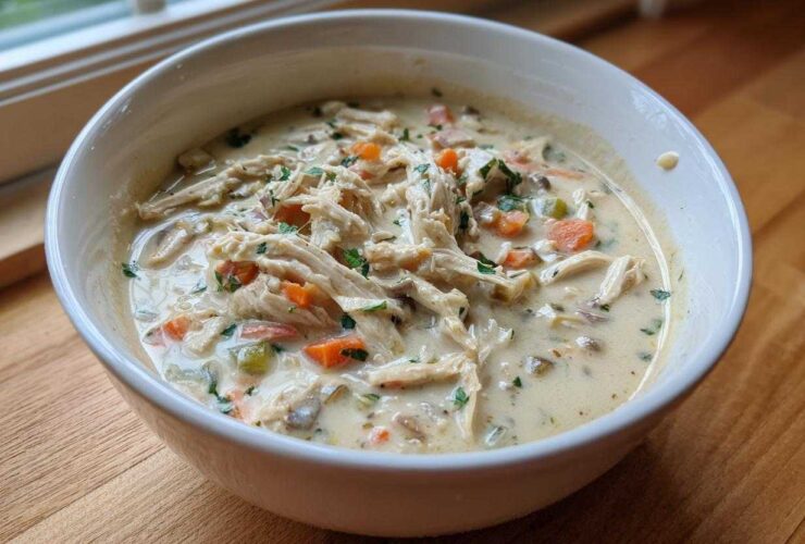 A close-up of a white bowl filled with rich, creamy homemade cream of chicken soup, featuring shredded chicken and diced vegetables.
