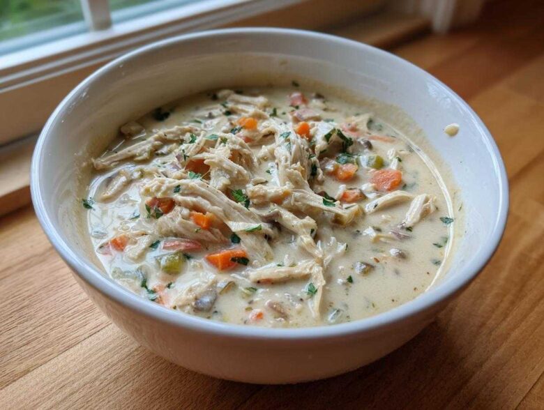 A close-up of a white bowl filled with rich, creamy homemade cream of chicken soup, featuring shredded chicken and diced vegetables.