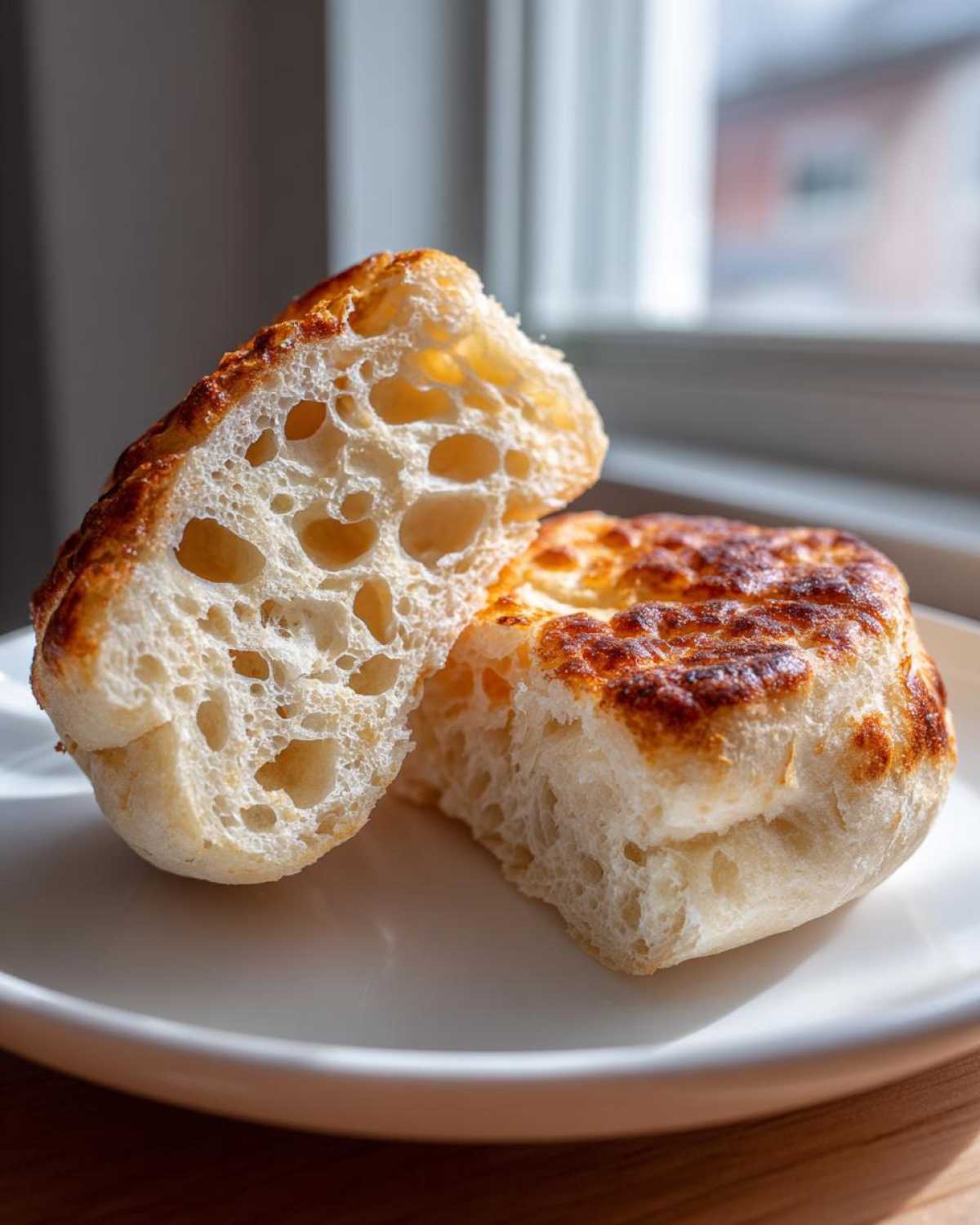Close-up of a homemade english muffin split open, showing the airy, holey interior crumb and a toasted, slightly browned top.