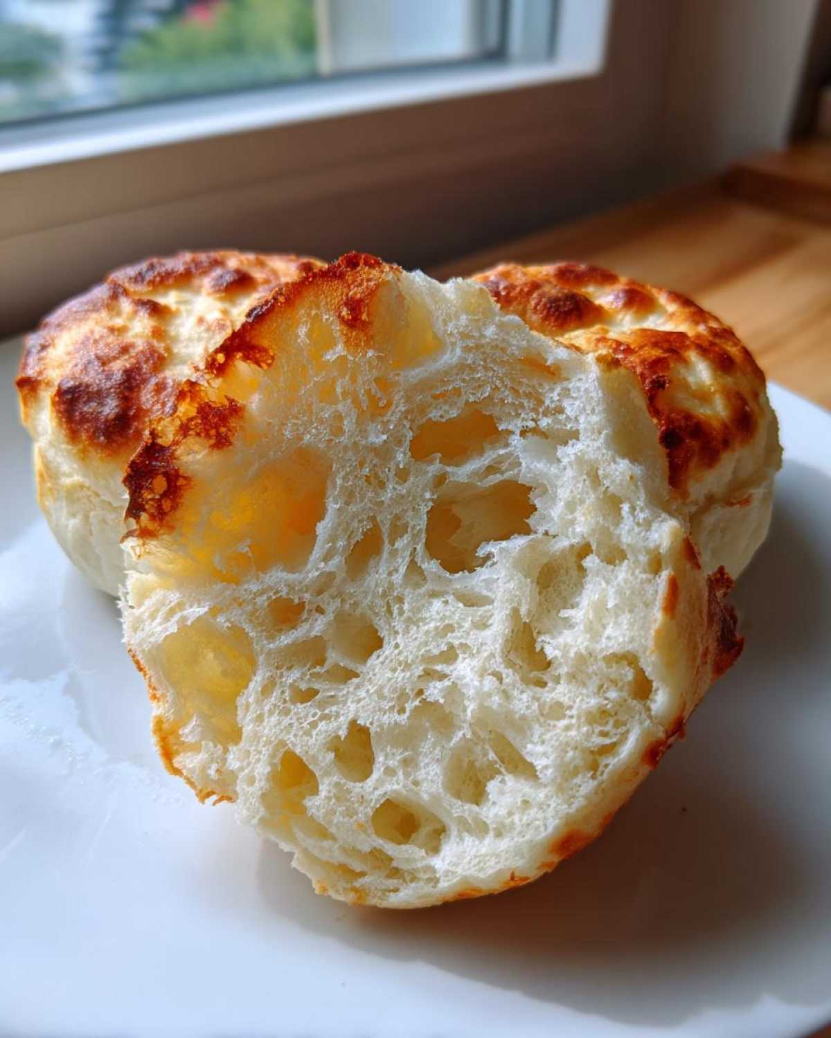 Close-up of a homemade english muffin split open, showing its airy, hole-filled crumb texture.