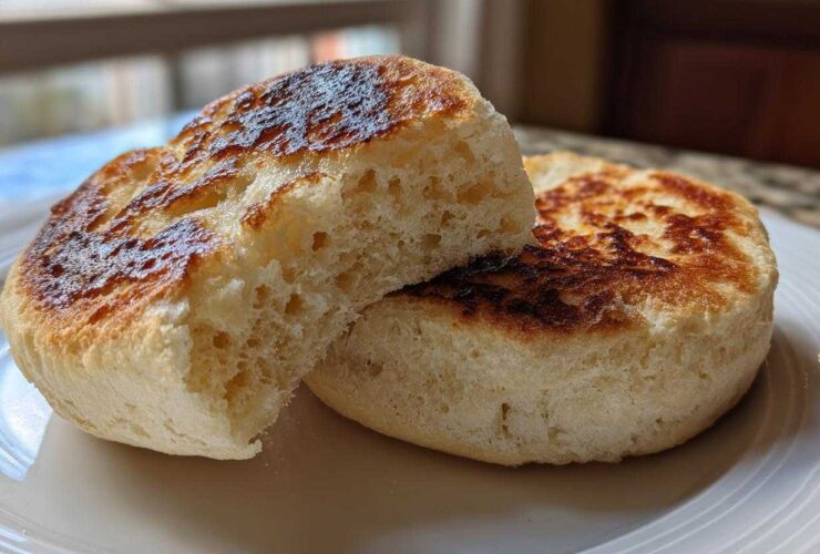 Close-up of a homemade english muffin split in half, showing the airy interior and toasted golden-brown surfaces.