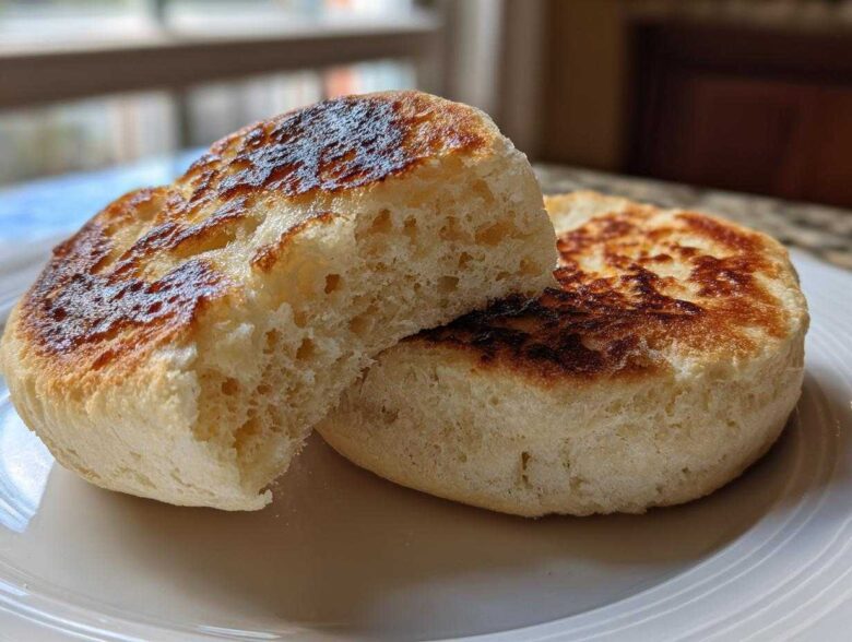 Close-up of a homemade english muffin split in half, showing the airy interior and toasted golden-brown surfaces.