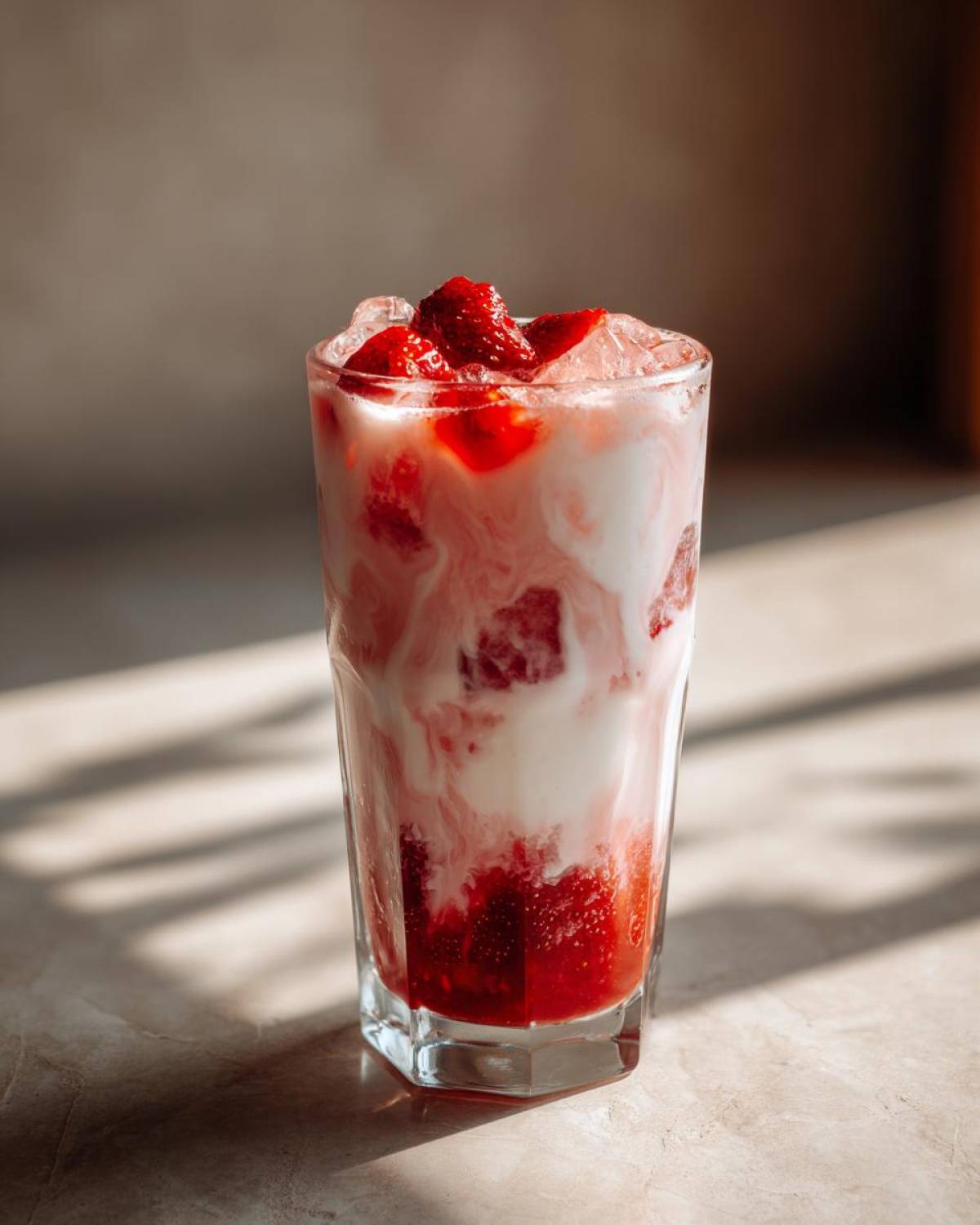 Close-up of a tall glass filled with homemade strawberry milk, showing swirls of red puree and white milk over ice, topped with fresh strawberries.