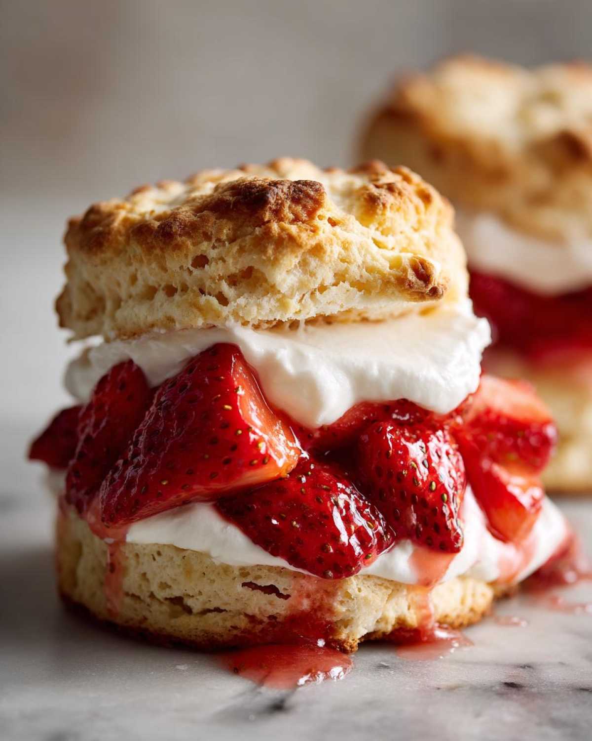 A delicious, layered shortcake filled with fresh strawberries and whipped cream, dripping strawberry syrup.