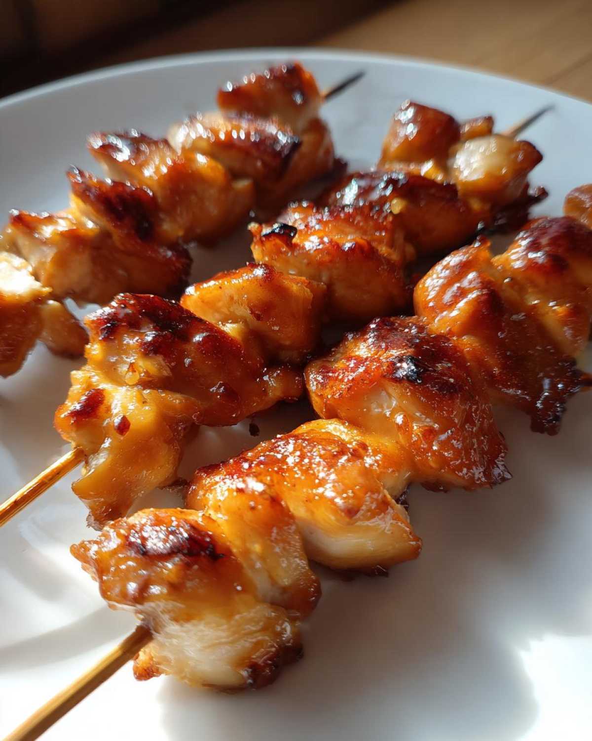 Close-up of several glazed, grilled chicken skewers glistening with honey garlic sauce.