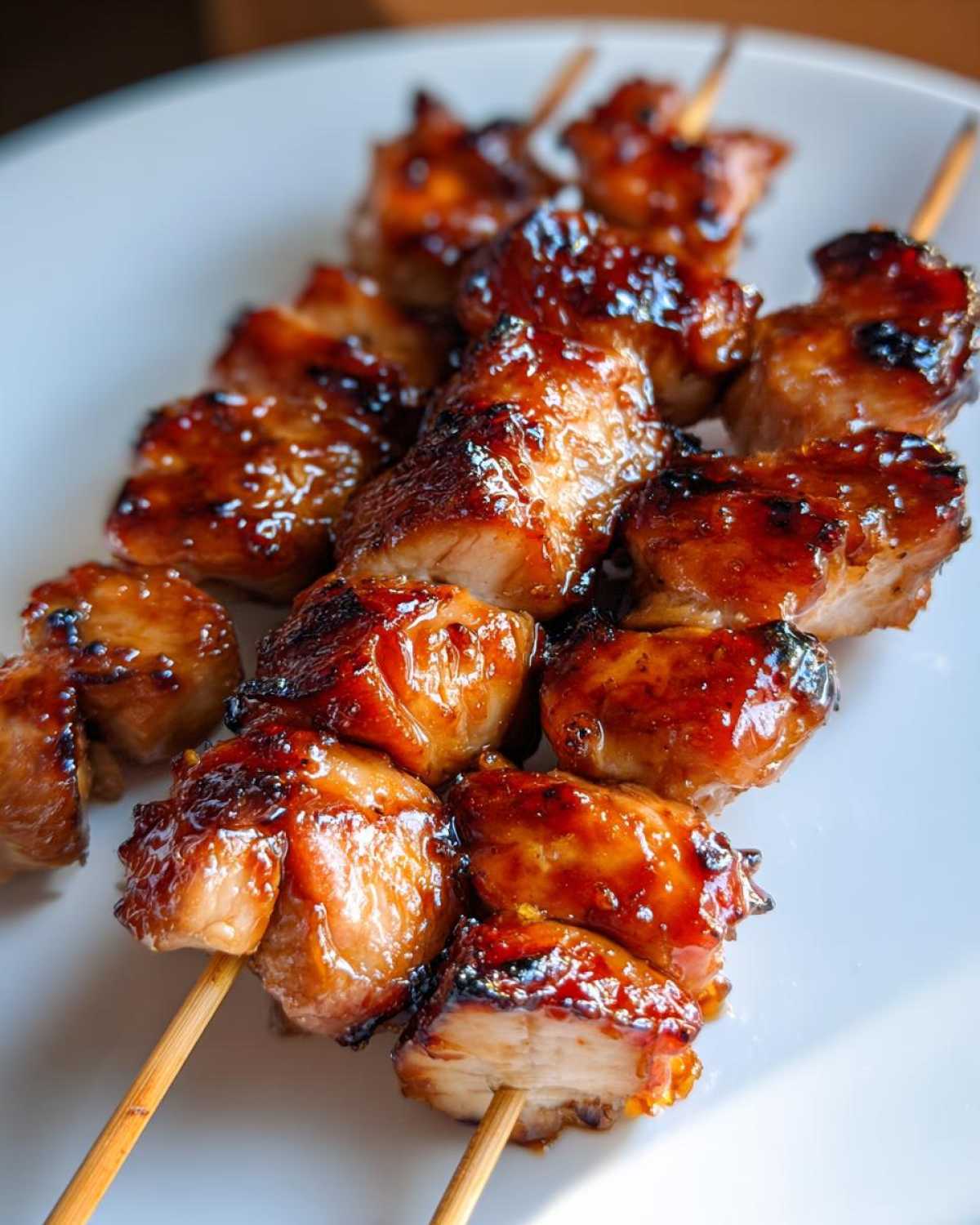 Close-up of several juicy honey garlic chicken skewers with a shiny, caramelized glaze resting on a white plate.
