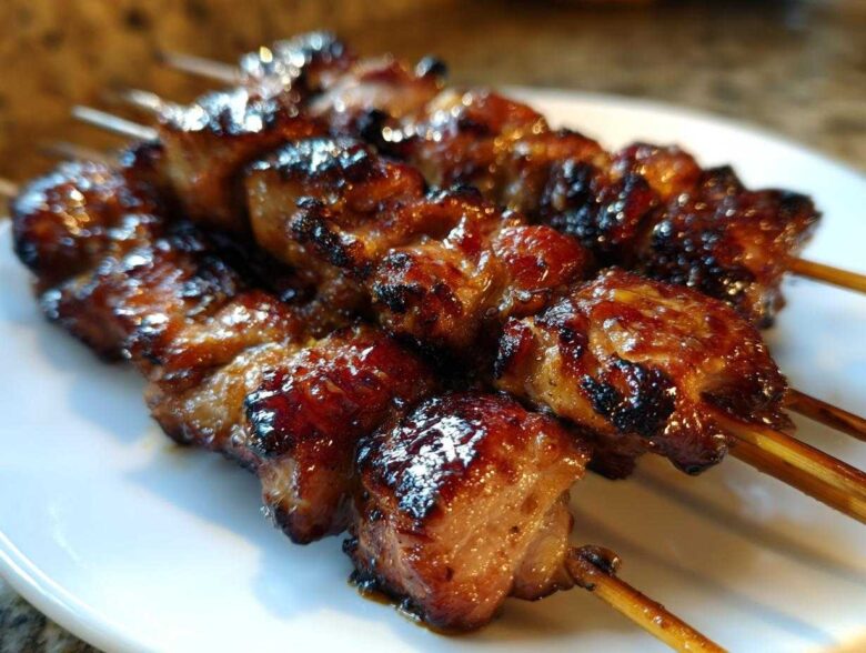 Close-up of several glazed, caramelized honey garlic chicken skewers resting on a white plate.