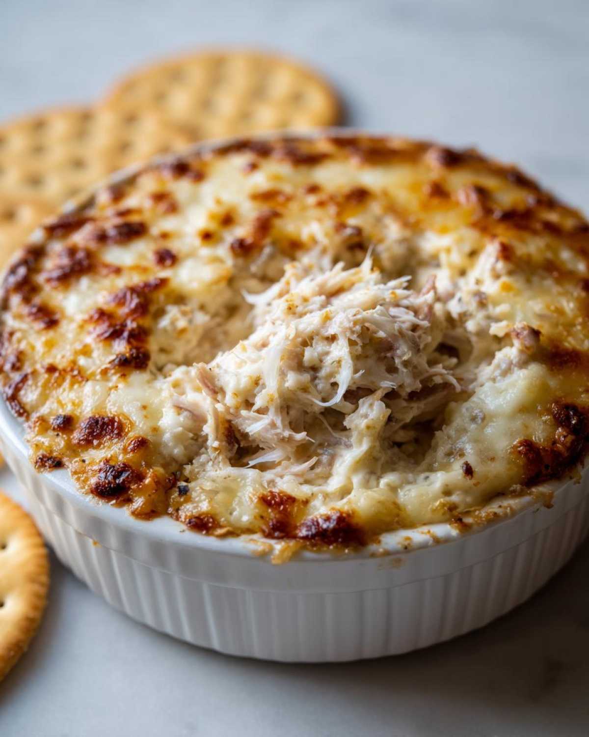 Close-up of a hot, baked reuben dip with a cheesy, browned top, showing shredded filling being scooped out, served with crackers.