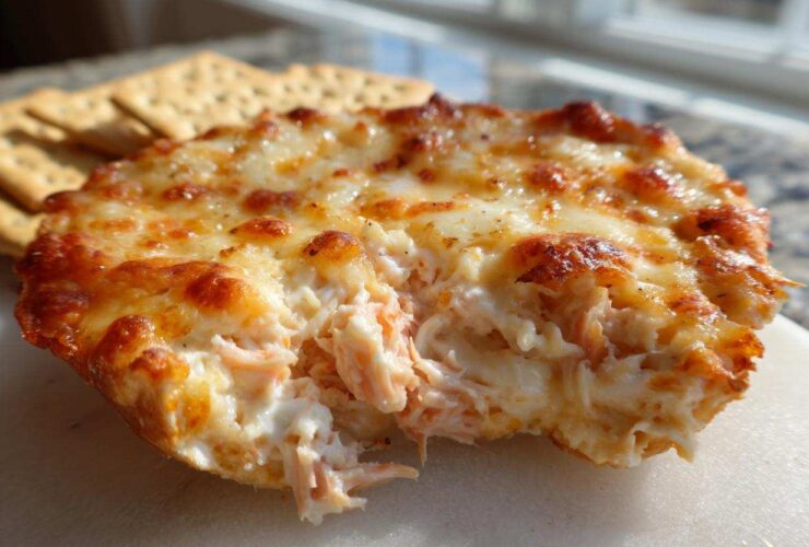 A close-up view of a scoop taken out of a hot, baked reuben dip topped with melted, browned cheese, served with crackers.