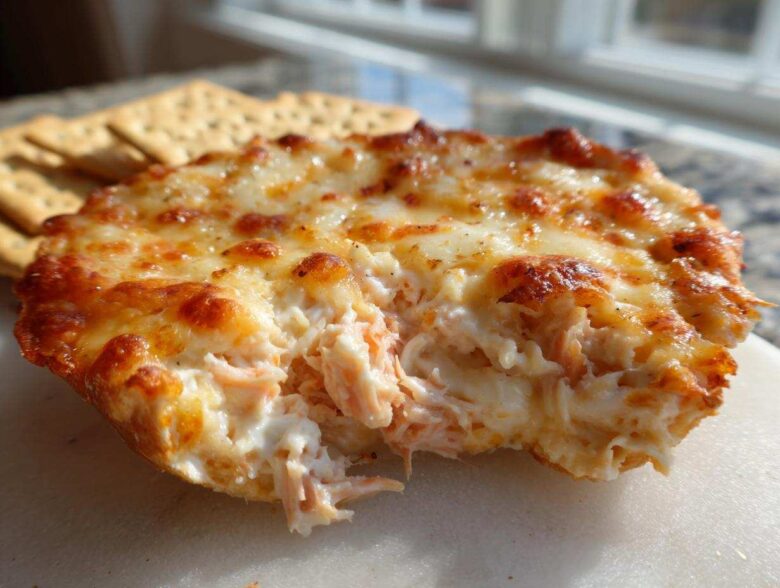 A close-up view of a scoop taken out of a hot, baked reuben dip topped with melted, browned cheese, served with crackers.