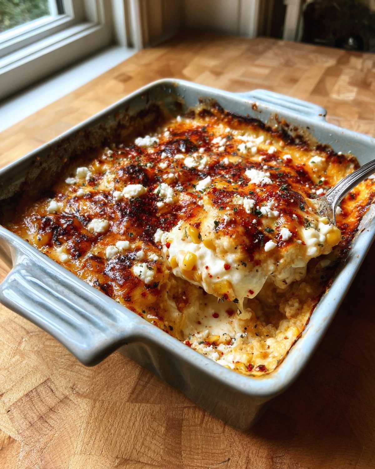 A spoonful of creamy, cheesy street corn dip being lifted from a square blue baking dish.