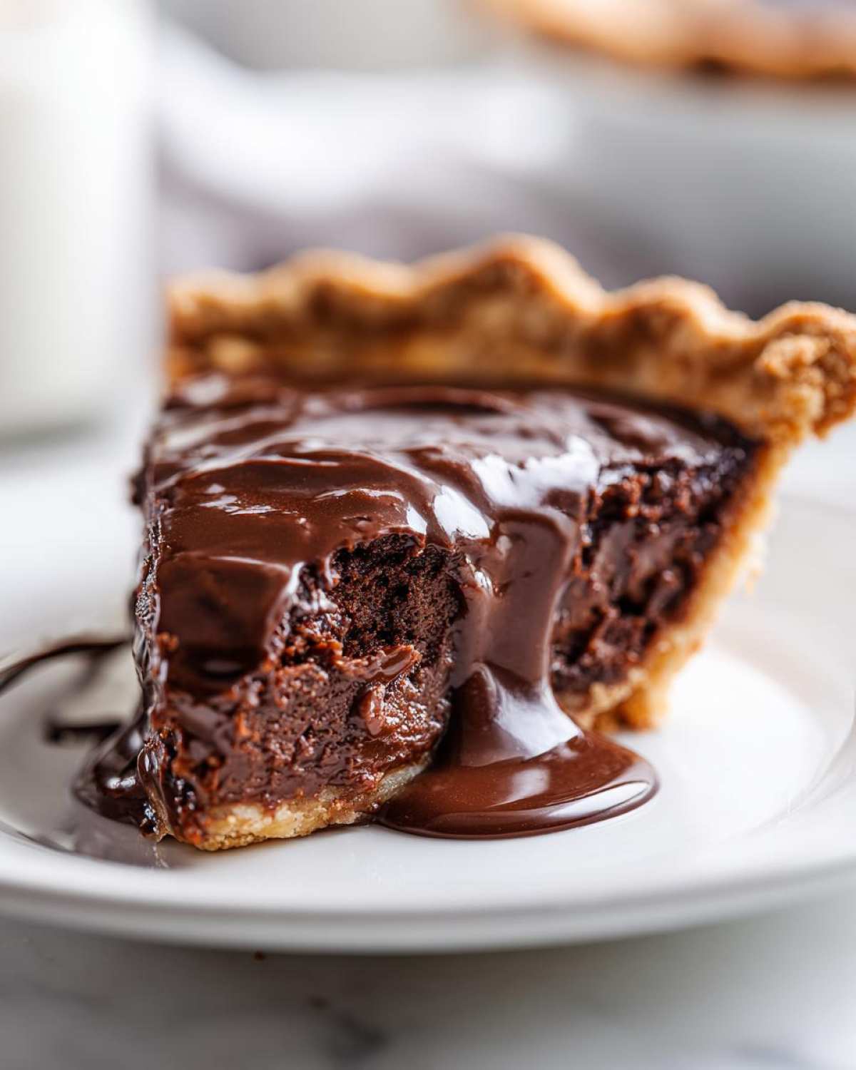 Close-up of a rich slice of hot fudge pie topped with dripping, glossy chocolate sauce on a white plate.