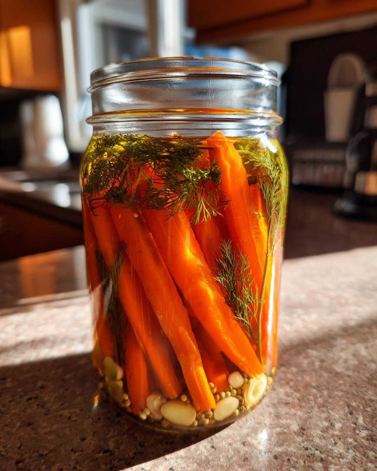 A glass jar filled with bright orange pickled carrots, dill sprigs, garlic cloves, and mustard seeds.