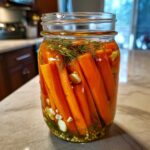 A glass jar filled with bright orange pickled carrots, garlic cloves, dill sprigs, and mustard seeds.