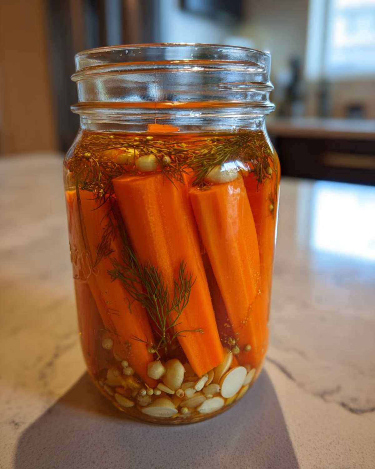 Close-up of bright orange pickled carrots standing upright in a glass jar with garlic cloves, dill sprigs, and pickling brine.