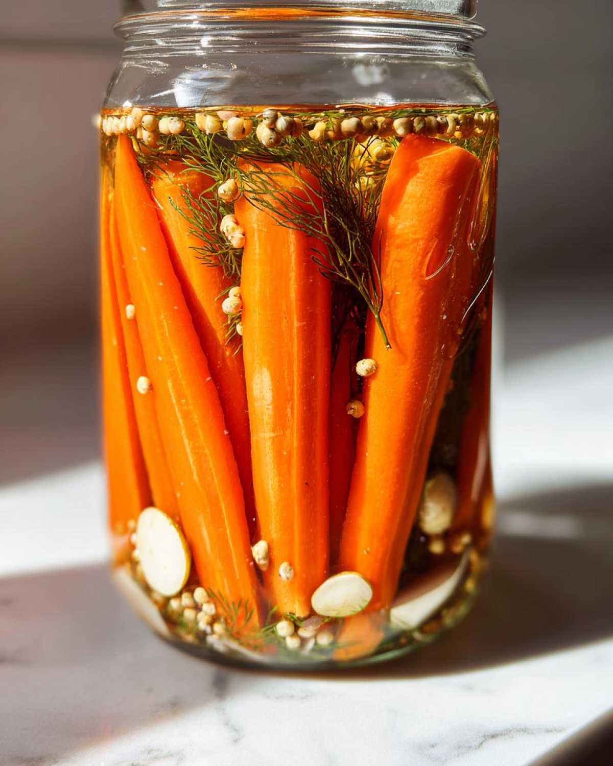 Close-up of whole, bright orange pickled carrots standing upright in a glass jar with brine, dill sprigs, and spices.
