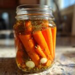 Close-up of whole, bright orange pickled carrots packed tightly in a glass jar with dill and spices.
