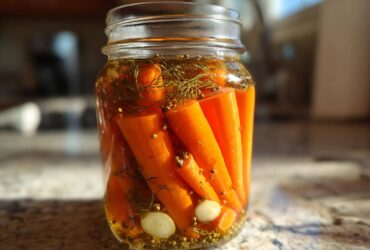 Close-up of whole, bright orange pickled carrots packed tightly in a glass jar with dill and spices.