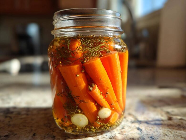 Close-up of whole, bright orange pickled carrots packed tightly in a glass jar with dill and spices.