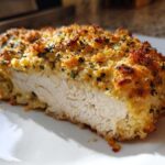 Cross-section of juicy baked ranch chicken showing the white meat and golden, herbed crust.