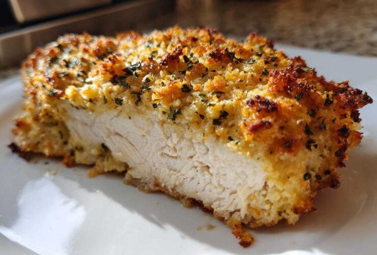 Cross-section of juicy baked ranch chicken showing the white meat and golden, herbed crust.