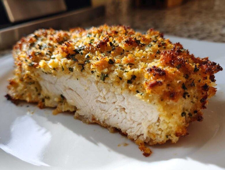 Cross-section of juicy baked ranch chicken showing the white meat and golden, herbed crust.