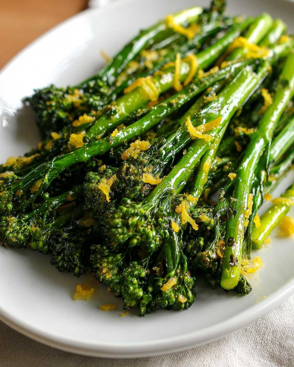 Close-up of vibrant green, cooked broccolini topped generously with bright yellow lemon zest.