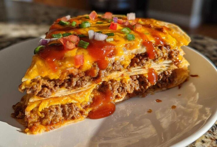 A thick, layered slice of homemade Mexican pizza featuring seasoned ground beef, melted cheese, and topped with salsa and green onions.