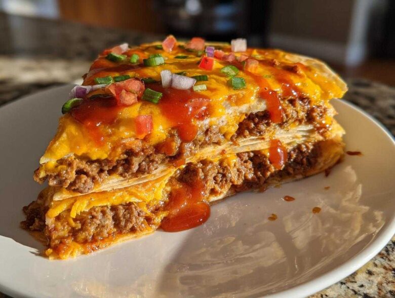 A thick, layered slice of homemade Mexican pizza featuring seasoned ground beef, melted cheese, and topped with salsa and green onions.