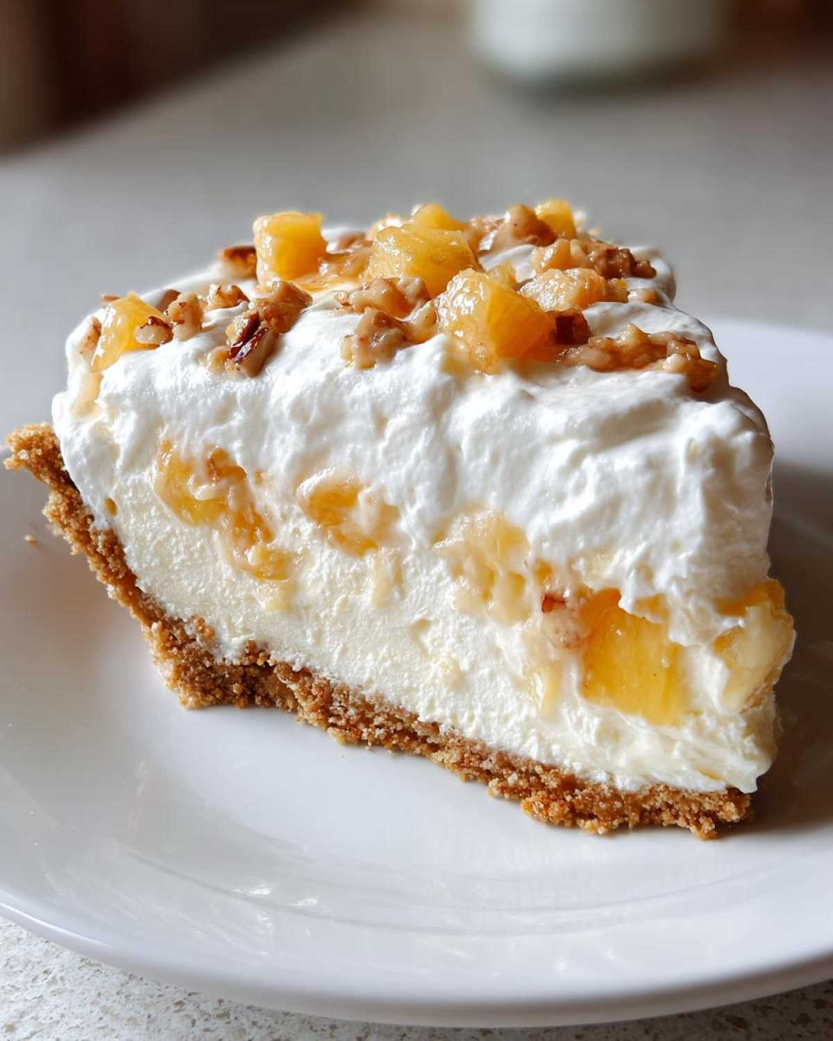 Close-up of a creamy slice of million dollar pie with a graham cracker crust, topped with whipped cream, pineapple chunks, and pecans.