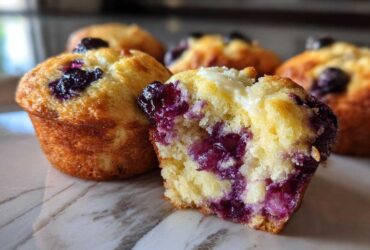 Close-up of moist blueberry cream cheese muffins, with one muffin cut open revealing the filling.
