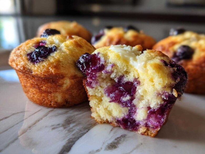 Close-up of moist blueberry cream cheese muffins, with one muffin cut open revealing the filling.