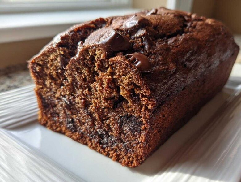 A close-up of a freshly baked, dark chocolate banana bread loaf topped with melted chocolate chips.