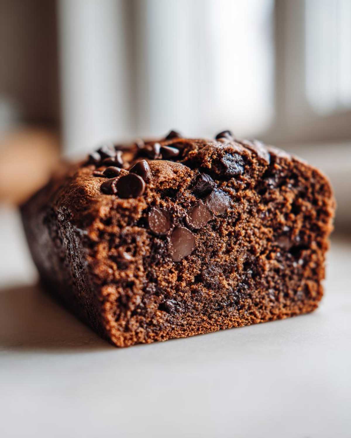 Close-up of a rich, dark slice of chocolate banana bread studded with melted chocolate chips.