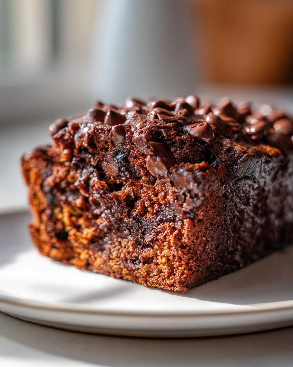Close-up of a rich, dark slice of chocolate banana bread topped generously with melted chocolate chips.