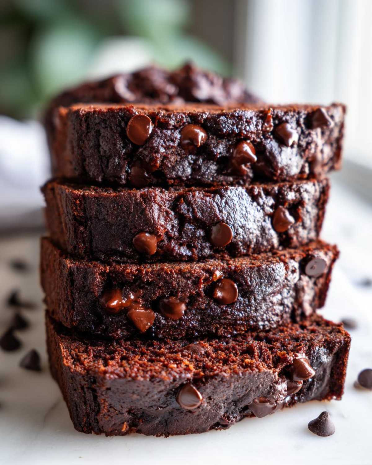 Four thick slices of moist chocolate banana bread stacked, studded with melted chocolate chips.