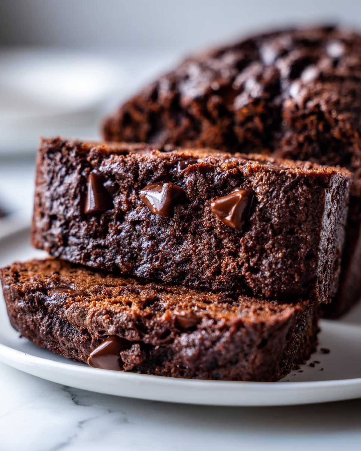 Close-up of two moist slices of rich chocolate banana bread studded with melted chocolate chips.