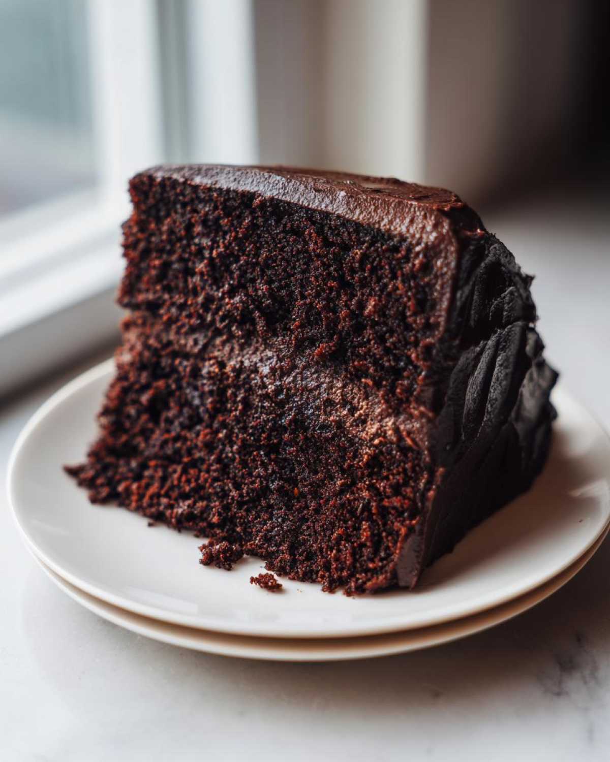 A thick slice of moist chocolate cake layered with dark chocolate frosting, sitting on a white plate.
